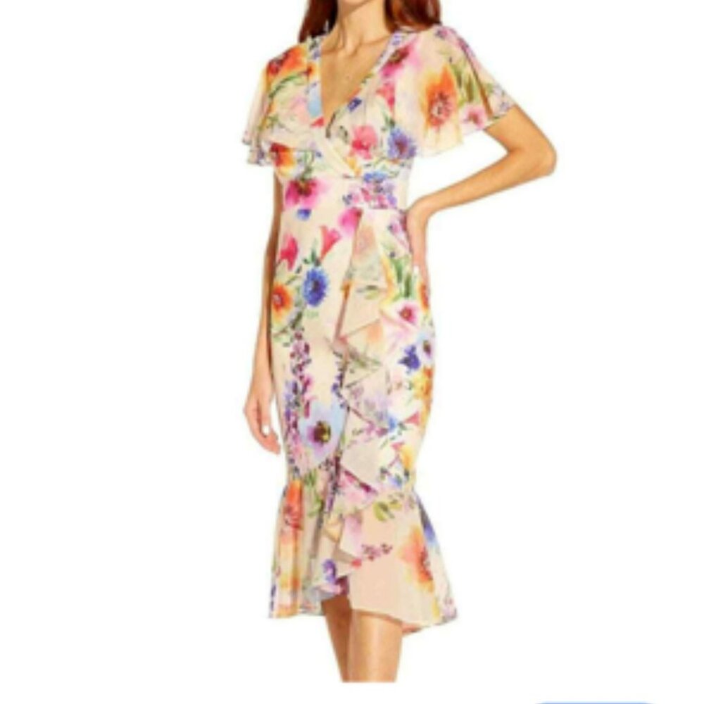 Adrianna Papell Cream Floral V-Neck Midi Dress with Pink, Purple & Orange Bloom